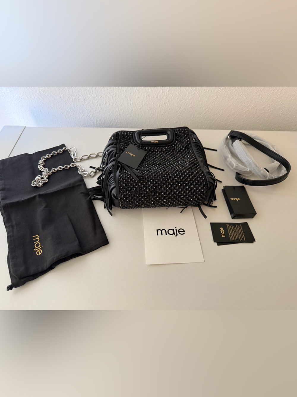 Maje Black Studded Fringe Mini Handbag with Chain Strap